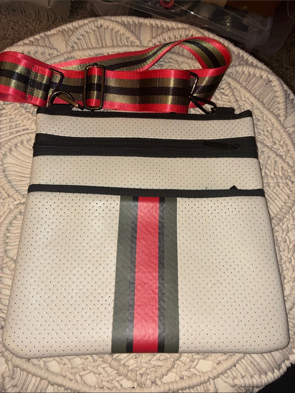 HAUTE SHORE Cream Crossbody with Red and Black Stripe